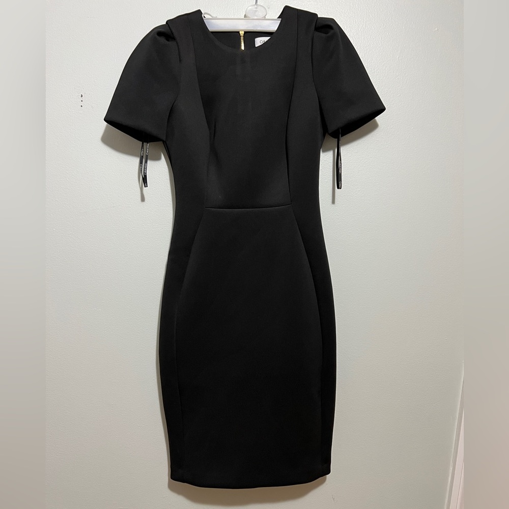 Calvin Klein black shell fitted midi dress.